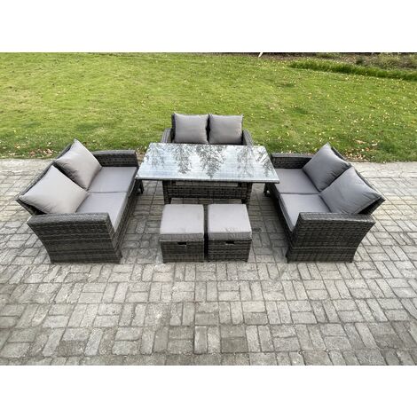 Fimous Wicker PE Rattan Garden Furniture Sets Outdoor Lounge Sofa Set with Oblong Dining Table Double Seat Sofa 2 Small Footstools Dark Grey Mixed