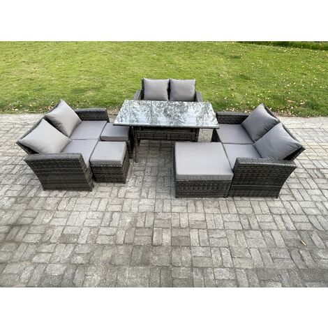 Fimous Wicker PE Rattan Garden Furniture Sets Outdoor Lounge Sofa Set with Oblong Dining Table Double Seat Sofa 3 Footstools Dark Grey Mixed
