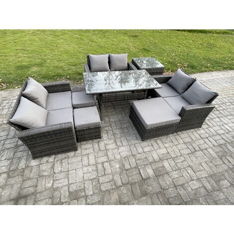 Fimous Wicker PE Rattan Garden Furniture Sets Outdoor Lounge Sofa Set with Oblong Dining Table Double Seat Sofa 3 Footstools Side Table Dark Grey Mixed
