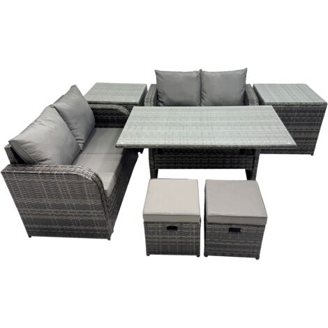 Fimous Wicker PE Rattan Garden Outdoor Furniture Set Love Sofa Dining Table Set with 2 Small Stools 2 Side Tables Dark Grey Mixed
