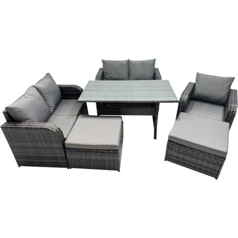 Fimous Wicker PE Rattan Garden Outdoor Furniture Set Love Sofa Dining Table Sets with 2 Big Stools Dark Grey Mixed