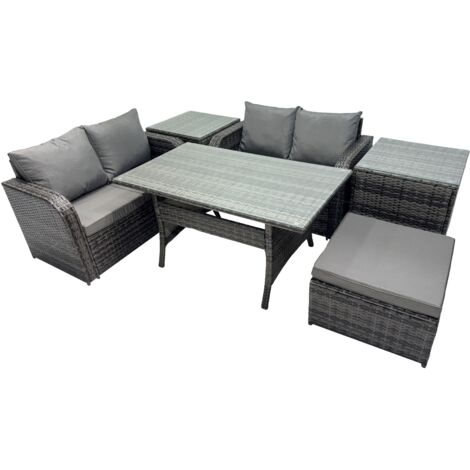 Fimous Wicker PE Rattan Garden Outdoor Furniture Set Love Sofa Dining Table Sets with 2 Side Table Big Stool Dark Grey Mixed