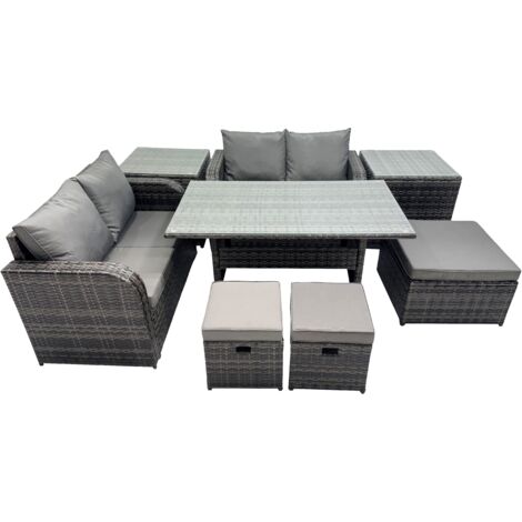 Fimous Wicker PE Rattan Garden Outdoor Furniture Set Love Sofa Dining Table Sets with 3 Stools 2 Side Tables Dark Grey Mixed