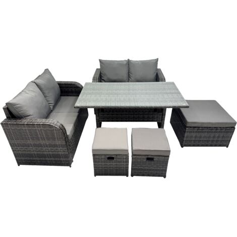 Fimous Wicker PE Rattan Garden Outdoor Furniture Set Love Sofa Dining Table Sets with 3 Stools Dark Grey Mixed