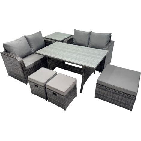 Fimous Wicker PE Rattan Garden Outdoor Furniture Set Love Sofa Dining Table Sets with 3 Stools Side Table Dark Grey Mixed