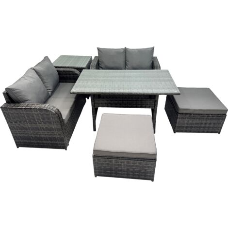 Fimous Wicker PE Rattan Garden Outdoor Furniture Set Love Sofa Dining Table Sets with Side Table 2 Big Stools Dark Grey Mixed