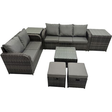 Fimous Wicker PE Rattan Garden Outdoor Furniture Set Love Sofa Square Coffee Table Set with 2 Side Tables 2 Small Stools Dark Grey Mixed