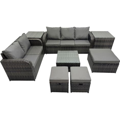 Fimous Wicker PE Rattan Garden Outdoor Furniture Set Love Sofa Square Coffee Table Set with 3 Stools 2 Side Tables Dark Grey Mixed