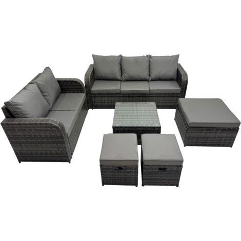 Fimous Wicker PE Rattan Garden Outdoor Furniture Set Love Sofa Square Coffee Table Set with 3 Stools Dark Grey Mixed