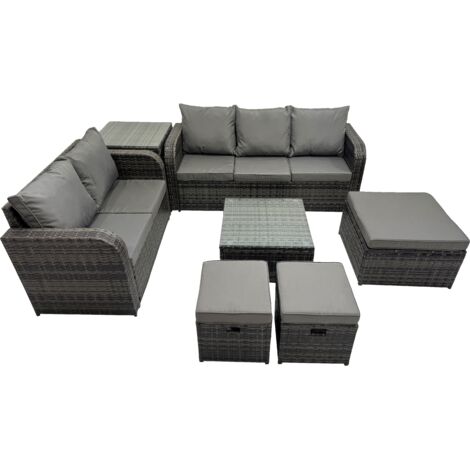 Fimous Wicker PE Rattan Garden Outdoor Furniture Set Love Sofa Square Coffee Table Set with 3 Stools Side Table Dark Grey Mixed
