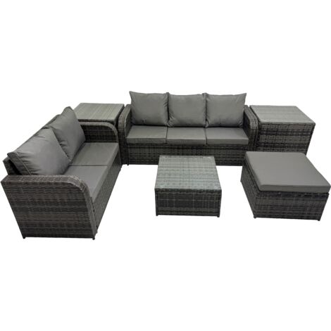 Fimous Wicker PE Rattan Garden Outdoor Furniture Set Love Sofa Square Coffee Table Set with Big Stool 2 Side Tables Dark Grey Mixed