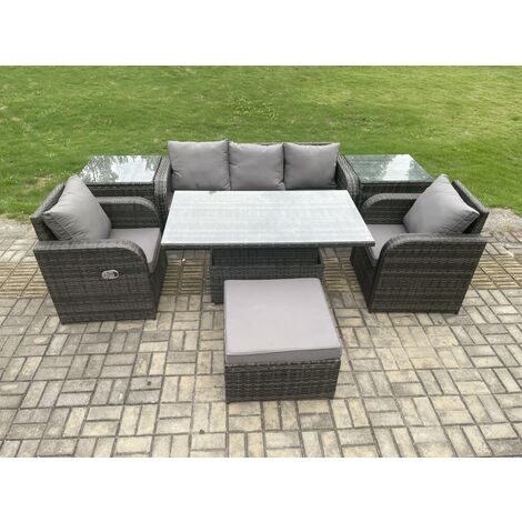 Fimous Wicker PE Rattan Outdoor Garden Furniture Set Height Adjustable Rising lifting Dining Table With Armchair 2 Side Tables Footstool