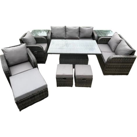 Fimous Wicker PE Rattan Outdoor Gartenmöbel Sets Höhenverstellbarer aufsteigender Esstisch Liegestuhl Sofa Set mit 2 Beistelltischen 3 Fußhocker Dunkelgrau gemischt