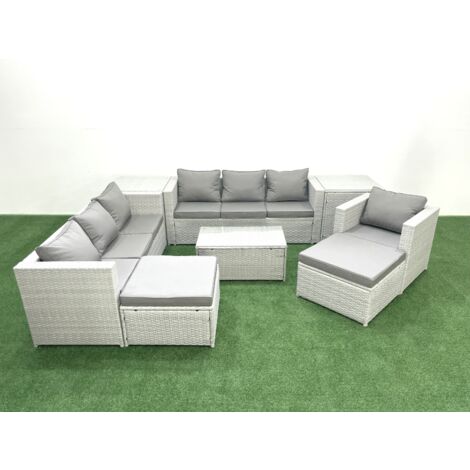 Fimous Wicker PE Rattan Sofa Garden Furniture Set with Armchair Oblong Coffee Table 2 Big Footstools 2 Side Tables Light Grey Mixed