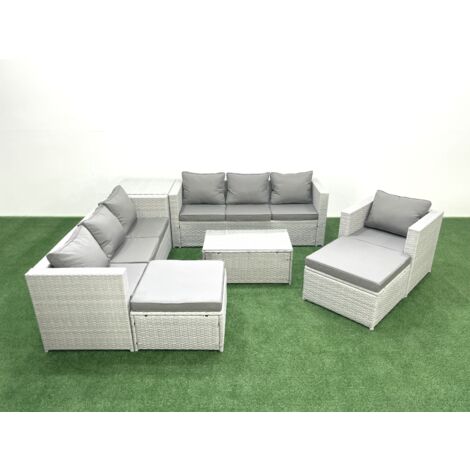 Fimous Wicker PE Rattan Sofa Garden Furniture Set with Armchair Oblong Coffee Table 2 Big Footstools Side Table Light Grey Mixed