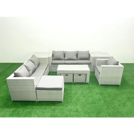Fimous Wicker PE Rattan Sofa Garden Furniture Set with Oblong Coffee Table Armchair 3 Footstools 2 Side Tables Light Grey Mixed