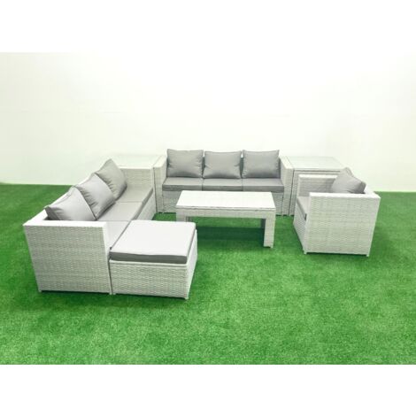 Fimous Wicker PE Rattan Sofa Garden Furniture Set with Oblong Coffee Table Armchair Big Footstool 2 Side Tables Light Grey Mixed