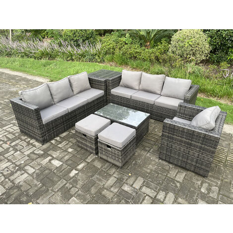 Fimous Wicker PE Rattan Sofa Set Outdoor Patio Garden Furniture with Armchair Oblong Coffee Table Side Table 2 Small Footstools Dark Grey Mixed