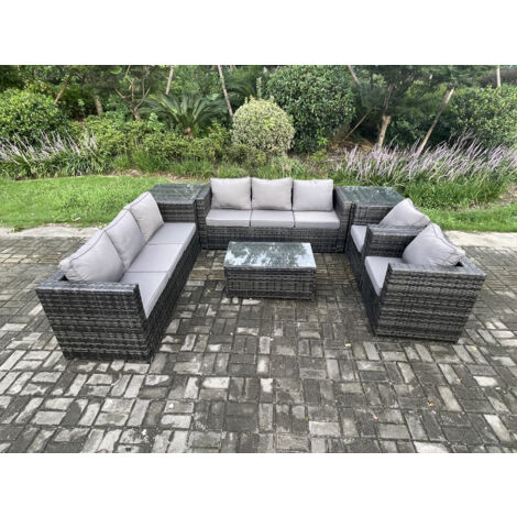 Fimous Wicker PE Rattan Sofa Set Outdoor Patio Gartenmöbel mit 2 Sesseln Oblong Couchtisch 2 Beistelltische Dunkelgrau Gemischt