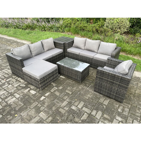 Fimous Wicker PE Rattan Sofa Set Outdoor Patio Gartenmöbel mit Sessel Oblong Couchtisch Beistelltisch Großer Fußhocker Dunkelgrau Gemischt