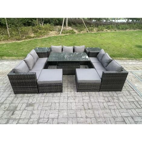 Fimous Wicker Polyrattan Gartenmöbel Sofa Set Outdoor Einstellbare Steigende Esstisch Set mit 2 Beistelltischen 2 Fußhocker 11 Sitzer Dunkelgrau gemischt