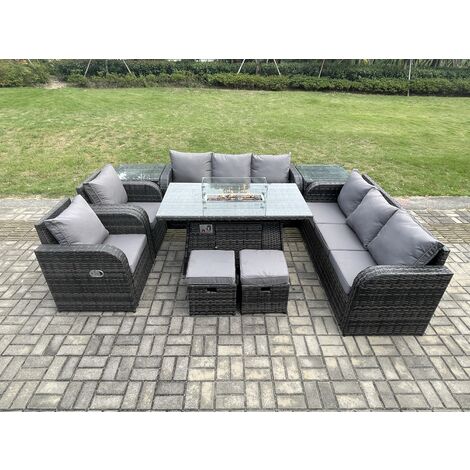 Fimous Wicker Rattan Garden Furniture Set Gas Fire Pit Dining Table Indoor Outdoor with 2 Side Tables Chair Loveseat Sofa 2 Small Footstools