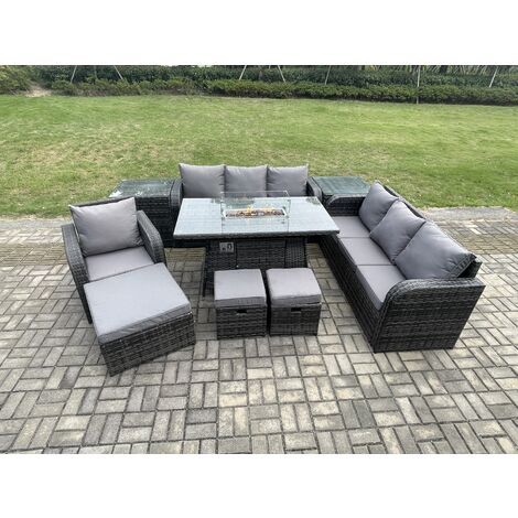 Fimous Wicker Rattan Garden Furniture Set Gas Fire Pit Dining Table Reclining Chair 3 Seater Sofa Set Indoor Outdoor with 2 Side Tables 3 Footstools 10 Seater