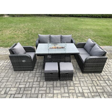 Fimous Wicker Rattan Garden Furniture Set with Fire Pit Table 8 Seater Outdoor Lounge Sofa Set Dark Grey Mixed