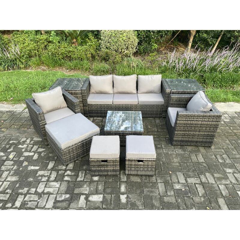 Fimous Wicker Rattan Garden Furniture Sofa Set With 2 Side Tables Armchair Square Coffee Table 3 Footstools 8 Seater Outdoor Rattan Set Dark Grey