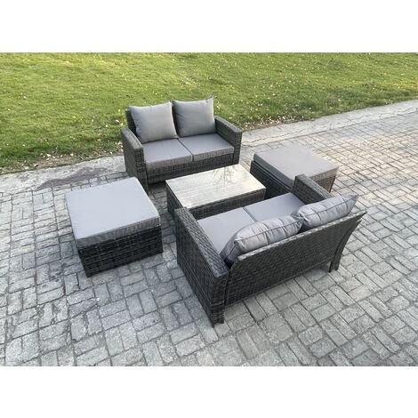 Fimous Wicker Rattan Garden Furniture Sofa Set with Rectangular Coffee Table Double Seat Sofa 2 Big Footstool 6 Seater Outdoor Rattan Set Dark Grey Mixed