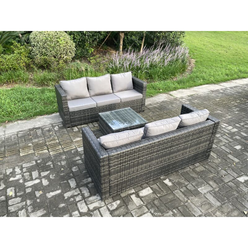 Mobilier de jardin extérieur en rotin avec Table basse carrée 6 places Mélange gris foncé - Fimous