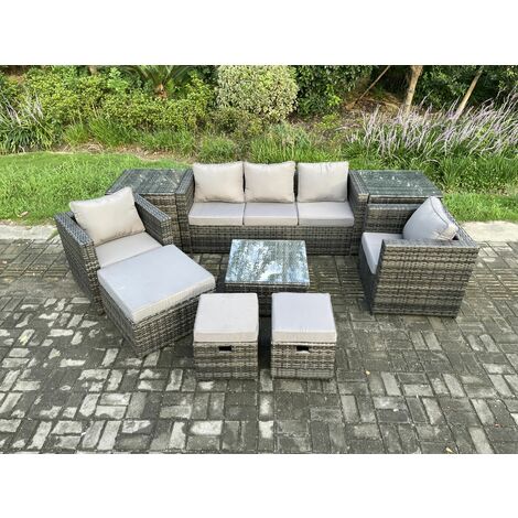 Fimous Wicker Rattan Gartenmöbel Sofa Set mit 2 Beistelltischen Sessel Quadratischer Couchtisch 3 Fußhocker 8-Sitzer Outdoor Rattan Set Dunkelgrau Gemischt