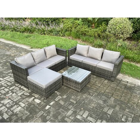 Fimous Wicker Rattan Gartenmöbel Sofa Set mit quadratischem Couchtisch Großer Fußhocker 7-Sitzer Outdoor Rattan Set Dunkelgrau Gemischt