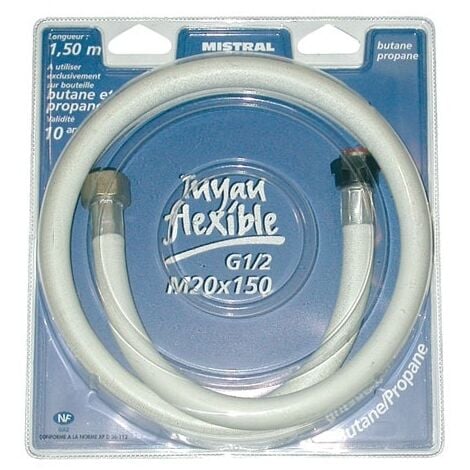 Flexible gaz NF, tuyau à embouts mécaniques - élastomère renforcé, G1/2 -  M20x1,5 , Validité 10 ans, joints inclus, propane ou butane, 1.5m