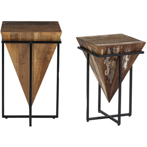 FINDY - Duo de Tables d'Appoint Pyramide Inversée Bois Massif et Métal Noir