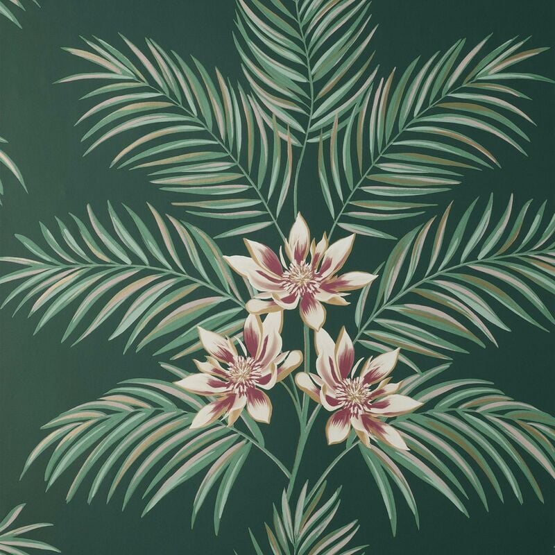 Bali Floral Leaves Dark Green Wallpaper Botanical Flowers Modern - Fine Decor