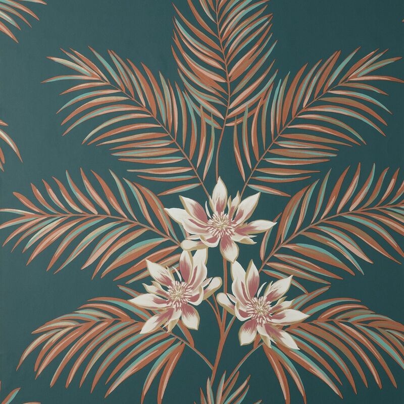 Bali Floral Leaves Navy Orange Wallpaper Botanical Flowers Modern - Fine Decor