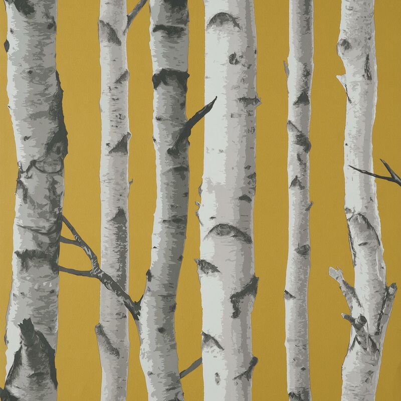 Fine Decor Birch Trees Mustard Wallpaper Modern Contemporary Paste The Wall