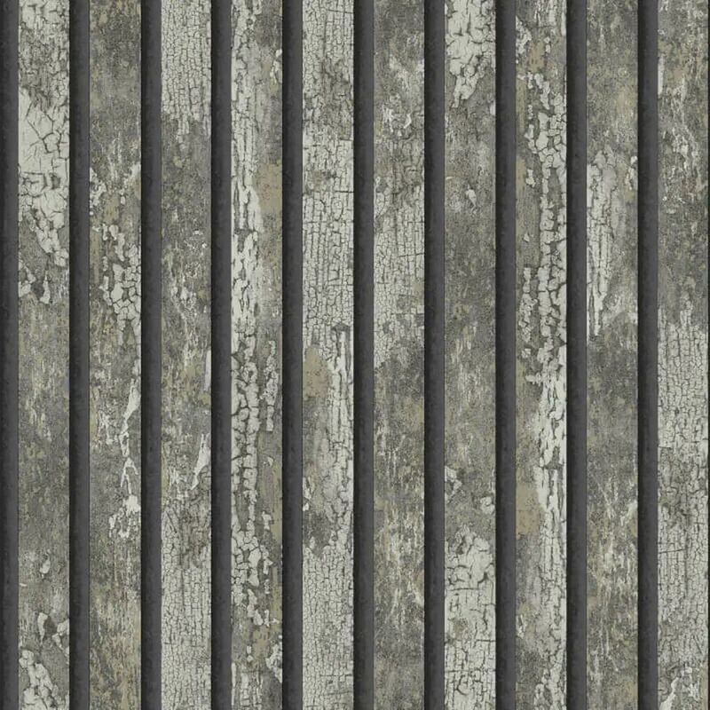 Carbon Oxidize Grey Wallpaper Wood Panel Rustic Metallic Feature Wall - Fine Decor