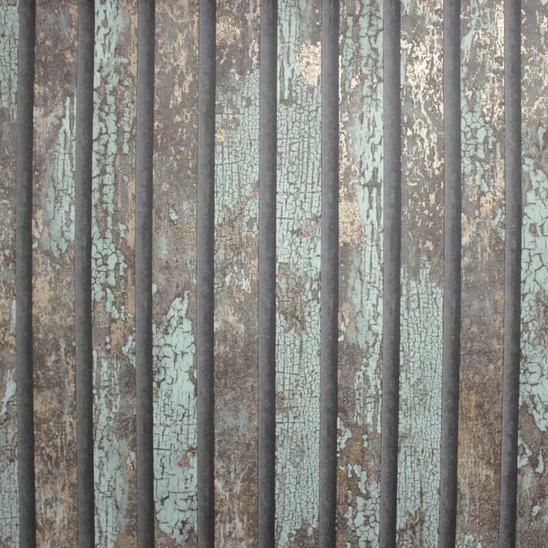 Fine Decor - Carbon Oxidize Teal Wallpaper Wood Panel Rustic Metallic Feature Wall