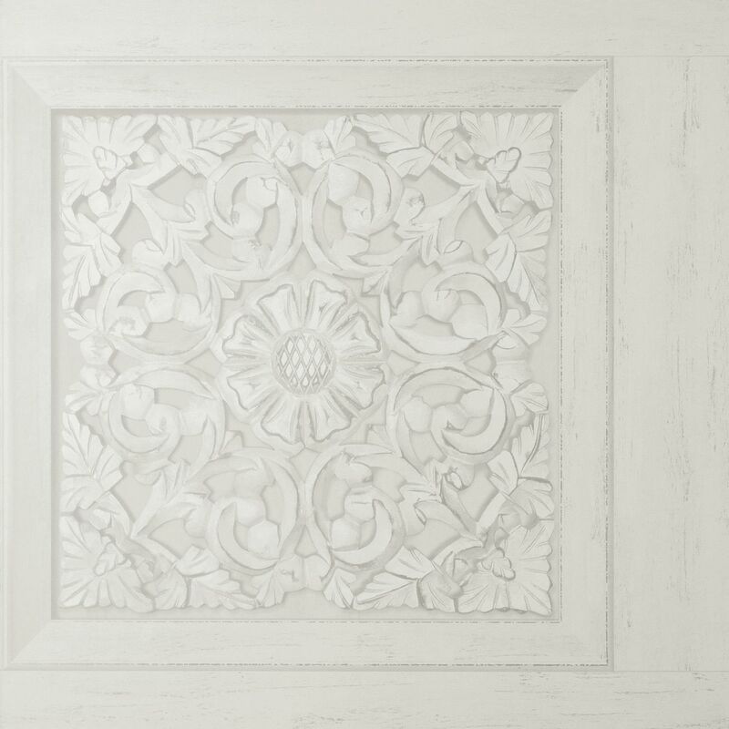 Fine Decor - Carved Wood Panel Off White Wallpaper Modern Floral Contemporary