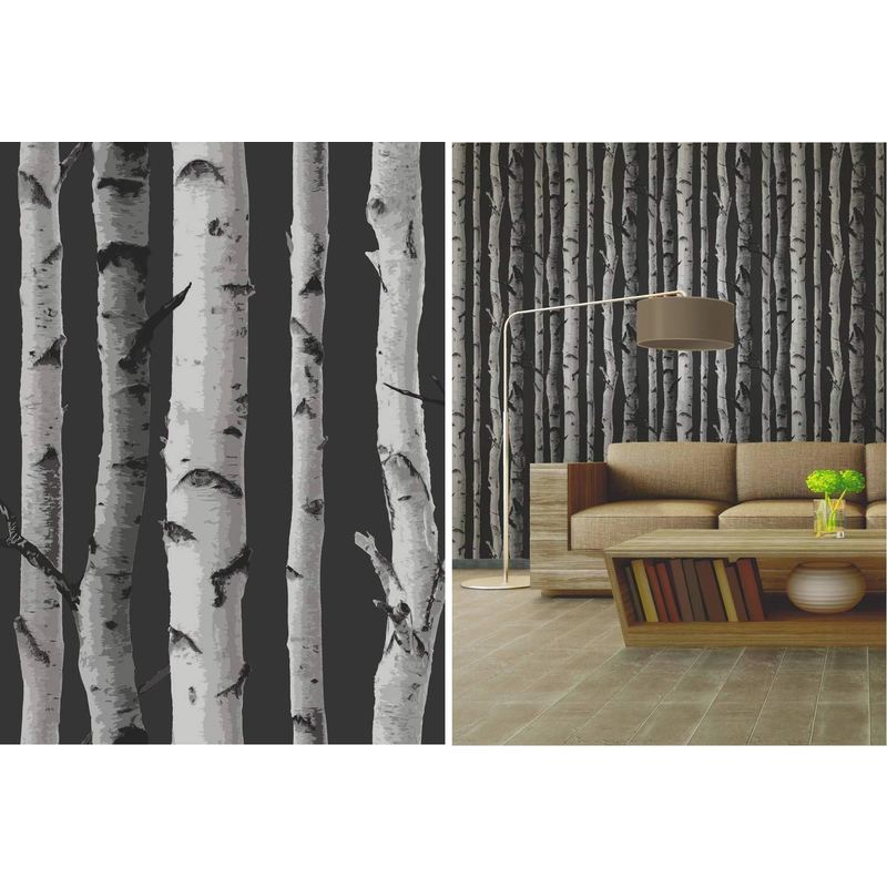 Fine Decor - Charcoal Grey Birch Trees Forest Themed Feature Wallpaper