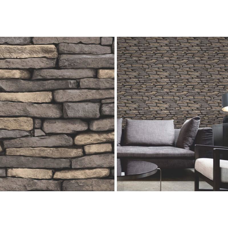 Fine Decor - Grey Natural Weathered Slate Brick Stone Wall Feature Wallpaper