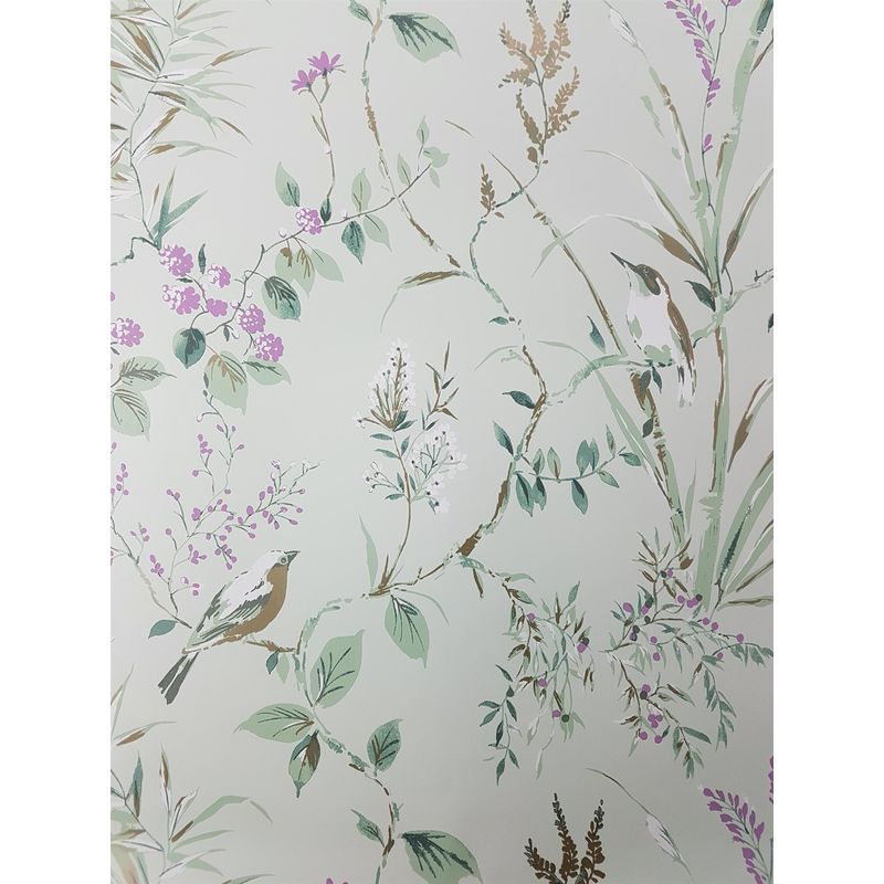 Fine Decor - Floral Birds Wallpaper Mint Plum Metallic Flower Shimmer Mariko