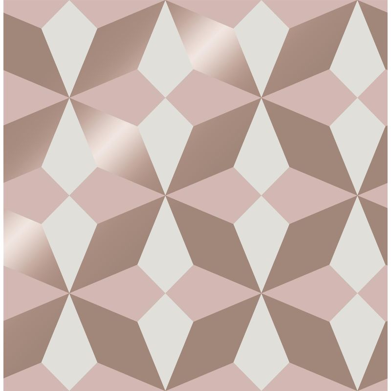 Nova Geometric Wallpaper Pink White Rose Gold Metallic Shimmer Modern - Fine Decor