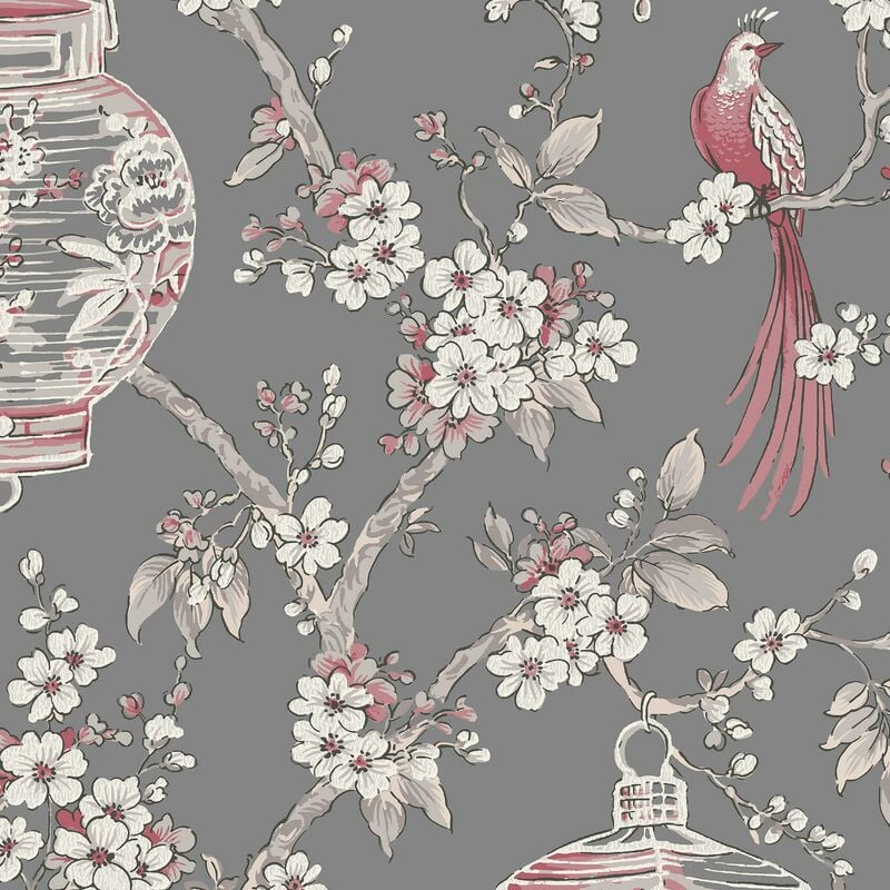 Fine Decor - Vymura Oriental Birds Grey Wallpaper Floral Trendy Feature Wall