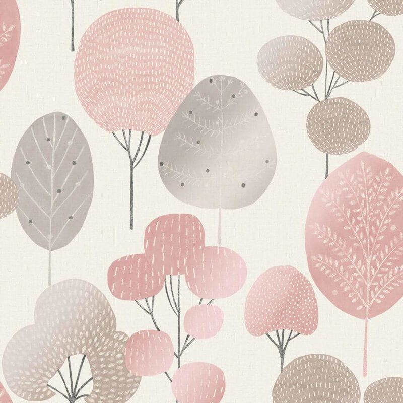 Scandi Forest Tree Metallic Wallpaper Woodland Leaf Pink Silver Shimmer Crown