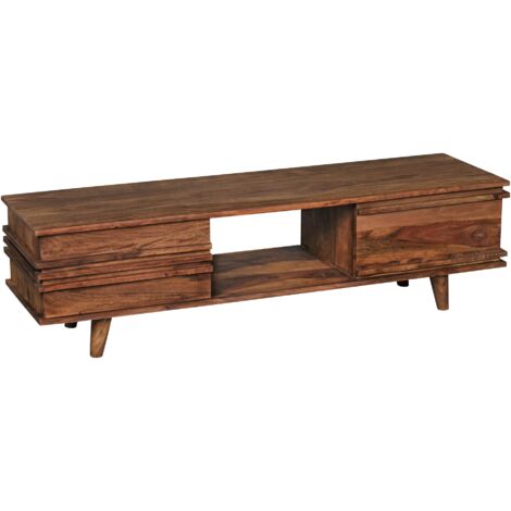 FineBuy Lowboard Massivholz Kommode 145 cm TV-Board Ablage-Fach Landhaus-Stil Unterschrank TV-Möbel Echt-Holz Hifi-Rack 41 cm hoch Sideboard tief Deko Fernsehschrank offen Natur-Produkt