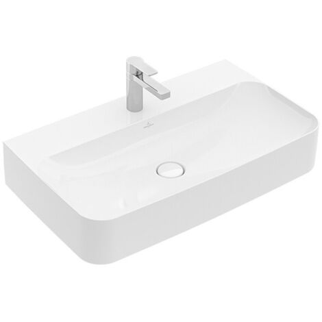 Finion, Lavabos muraux, 800 x 470 mm, Rectangulaire, modèle meulé, pour robinetterie à 3 trou s, troude robinetterie central percé, sans trop-plein, TitanCeram, Blanc CeramicPlus