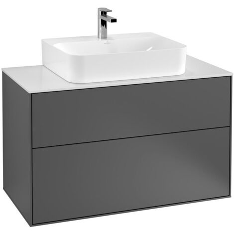Finion, Meubles sous lavabo, 1000 x 603 x 501 mm, Angulaire,avec éclairage mural, modèle suspendu, En bois, lavabo au milieu, éclairage LED, 2x LED / 4,2W, 2700 K à 6480 K, Glossy White Lacquer